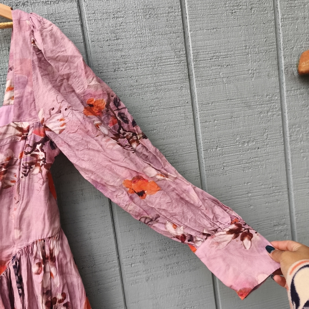 RARE Bardot Lila Linen Corset Puff Sleeve Floral Mini Dress sz 12 Mauve Milkmaid - Picture 5 of 16
